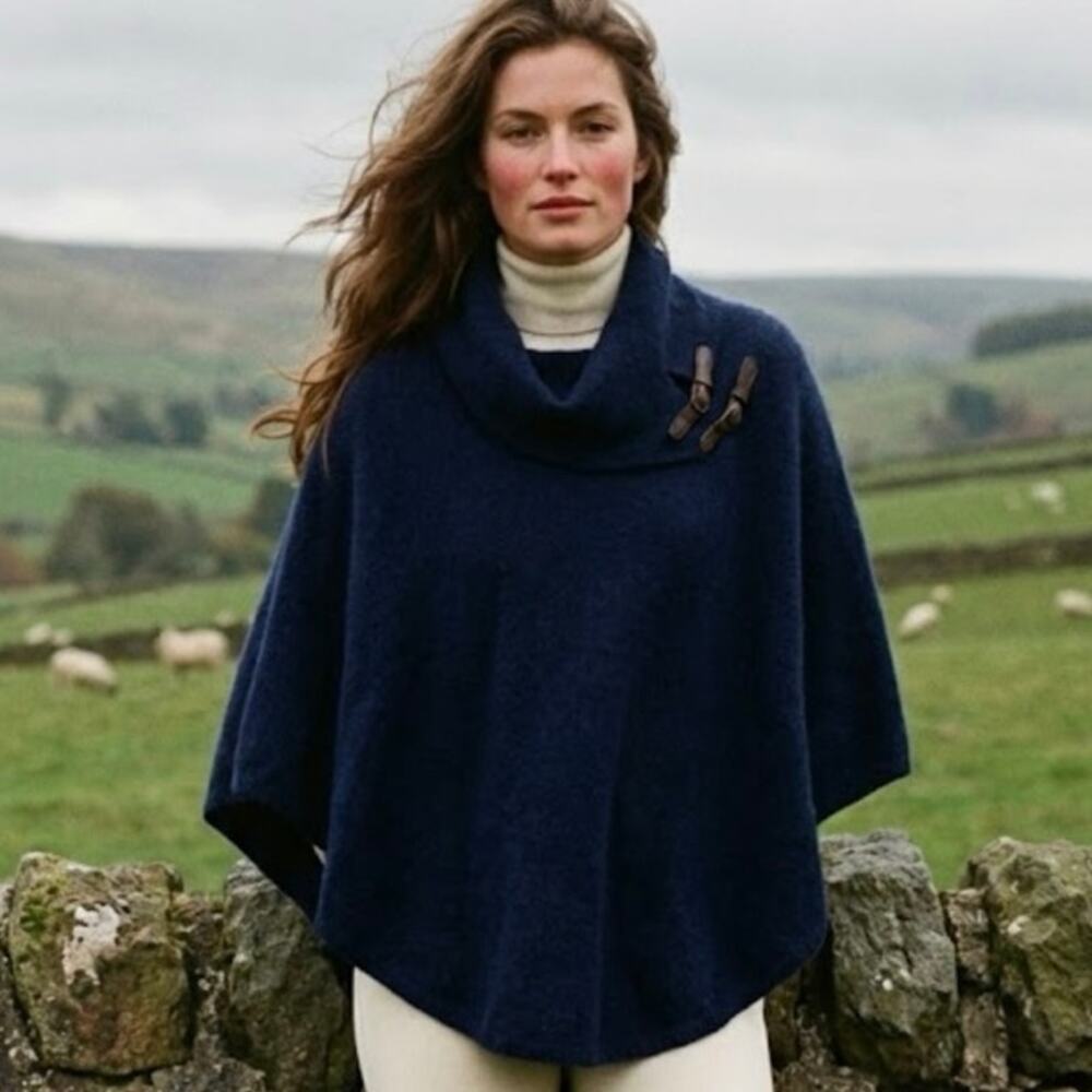 Navy Cashmere Poncho Cowl Neck Cape Sweater